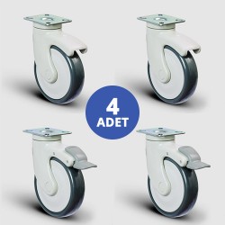 2 Adet EC01MBT100 Döner Tablalı + 2 Adet EC01MBT100F Döner Tablalı Frenli Plastik Maşalı Çap:100 Medikal Ekipman Tekerleği Bilya Rulmanlı 4lü Set 2xEC01MBT100+2xEC01MBT100F - EMES