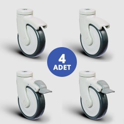 2 Adet EC04MBT100 Döner Delik Bağlantılı + 2 Adet EC04MBT100F Döner Delik Bağlantılı Frenli Plastik Maşalı Çap:100 Medikal Ekipman Tekerleği Bilya Rulmanlı 4lü Set 2xEC04MBT100+2xEC04MBT100F - EMES