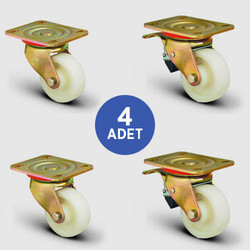 2 Adet ED01HKZ80 Döner Tablalı + 2 Adet ED01HKZ80F Döner Tablalı Frenli Poliamid Tekerlek Çap:80 Ağır Sanayi Tekerleği Sarı Maşalı Tabla Bağlantılı Burçlu 2xED01HKZ80+2xED01HKZ80F - EMES