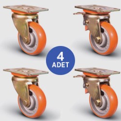 2 Adet ED01VBPB200 Döner Tablalı + 2 Adet ED01VBPB200F Döner Tablalı Frenli Balıksırtı Poliüretan Kaplı Tekerlek Çap:200 Ağır Tip Rulmanlı Taşıma Arabası Tekerlek Seti 2xED01VBPB200+2xED01VBPB200F - EMES