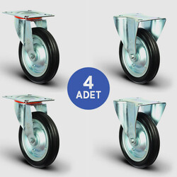 2 Adet EG01SBR250 Döner Tablalı + 2 Adet EG02SBR250 Sabit Maşalı Kauçuk Tekerlek Çap:250 Rulmanlı Taşıma Arabası Tekerlek Seti 2xEG01SBR250+2xEG02SBR250 - EMES