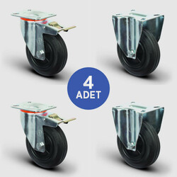 2 Adet EM01MKR100F Döner Tablalı Frenli + 2 Adet EM02MKR100 Sabit Maşalı Plastik-Kauçuk Tekerlek Çap:100 Taşıma Arabası Tekerlek Seti 2xEM01MKR100F+2xEM02MKR100 - EMES
