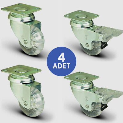 2 Adet EP01DKP50 Döner Tablalı + 2 Adet EP01DKP50F Döner Tablalı Frenli Şeffaf Tekerlek Çap:50 Mobilya Tekerlek Seti Çift Dizi Burçlu 2xEP01DKP50+2xEP01DKP50F - 1