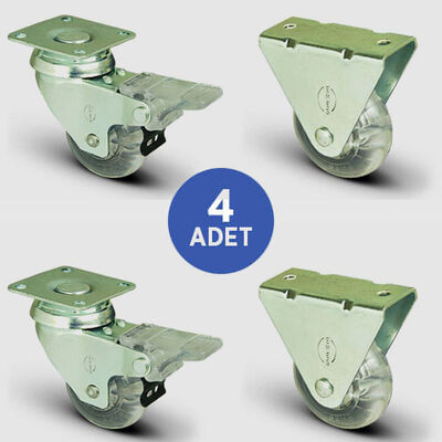 2 Adet EP01DKP50F Döner Tablalı Frenli + 2 Adet EP02DKP50 Sabit Maşalı Şeffaf Tekerlek Çap:50 Mobilya Tekerlek Seti Çift Dizi Burçlu 2xEP01DKP50F+2xEP02DKP50 - 1