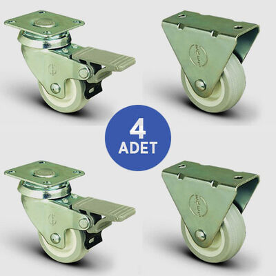 2 Adet EP01ZKC75F Döner Tablalı Frenli + 2 Adet EP02ZKC75 Sabit Maşalı PVC Tekerlek Çap:75 Mobilya Tekerlek Seti 2xEP01ZKC75F+2xEP02ZKC75 - 1