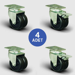 2 Adet ET01MKM75 Oynak Tablalı + 2 Adet ET01MKM75F Oynak Tablalı Frenli Çiftli Moblen Tekerlek Çap:75 Sanayi Tekerleği Burçlu Oynak Tabla Bağlantılı Polipropilen İkili Teker 2xET01MKM75+2xET01MKM75F - EMES
