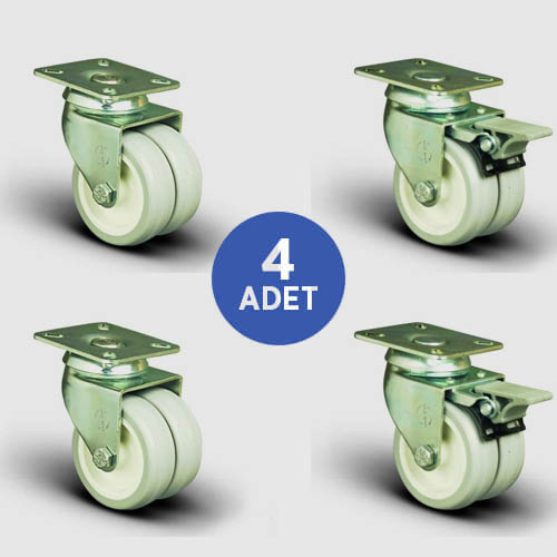 EMES - 2 Adet ET01ZKC50 Oynak Tablalı + 2 Adet ET01ZKC50F Oynak Tablalı Frenli Çiftli PVC Tekerlek Çap:50 Sanayi Tekerleği Burçlu Oynak Tabla Bağlantılı Poliamid Üzeri PVC Kaplı İkili Teker 2xET01ZKC50+2xET01ZKC50F