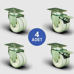 2 Adet ET01ZKC50 Oynak Tablalı + 2 Adet ET01ZKC50F Oynak Tablalı Frenli Çiftli PVC Tekerlek Çap:50 Sanayi Tekerleği Burçlu Oynak Tabla Bağlantılı Poliamid Üzeri PVC Kaplı İkili Teker 2xET01ZKC50+2xET01ZKC50F - EMES