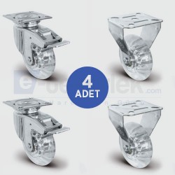 2 Adet EU01DKP50F Döner Tablalı Frenli + 2 Adet EU02DKP50 Sabit Maşalı Şeffaf Tekerlek Çap:50 Mobilya Tekerlek Seti Çift Dizi Burçlu 2xEU01DKP50F+2xEU02DKP50 - EMES