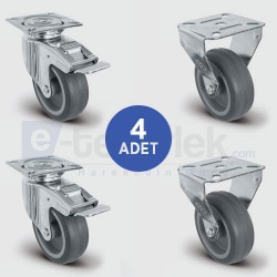 2 Adet EU01MKT75FDöner Tablalı Frenli + 2 Adet EU02MKT75 Sabit Tablalı Termoplastik Kauçuk Tekerlek Çap:50 Mobilya Tekerlek Seti 2XEU01MKT75F+2XEU02MKT75 - EMES
