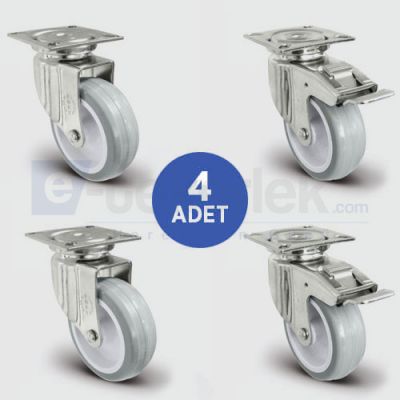 2 Adet EU01ZKC50 Döner Tablalı + 2 Adet Döner Tablalı Frenli PVC Tekerlek Çap:50 Mobilya Tekerlek Seti 2xEU01ZKC50+2xEU01ZKC50F - 1