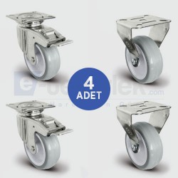 2 Adet EU01ZKC50F Döner Tablalı Frenli + 2 Adet EU02ZKC50 Sabit Maşalı PVC Kaplı Tekerlek Çap:50 Mobilya Tekerlek Seti Çift Dizi Burçlu 2xEU01ZKC50F+2xEU02ZKC50 - EMES