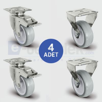 EMES - 2 Adet EU01ZKC50F Döner Tablalı Frenli + 2 Adet EU02ZKC50 Sabit Maşalı PVC Kaplı Tekerlek Çap:50 Mobilya Tekerlek Seti Çift Dizi Burçlu 2xEU01ZKC50F+2xEU02ZKC50