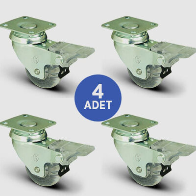 4 Adet EP01DKP50F Döner Tablalı Frenli Şeffaf Tekerlek Çap:50 Mobilya Tekerlek Seti Çift Dizi Burçlu 4xEP01DKP50F - 1