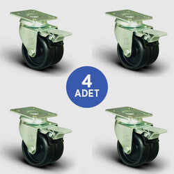 4 Adet ET01MKM75F Oynak Tablalı Frenli Çiftli Moblen Tekerlek Çap:75 Sanayi Tekerleği Burçlu Oynak Tabla Bağlantılı Polipropilen İkili Teker 4xET01MKM75F - EMES