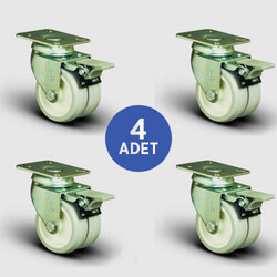 4 Adet ET01ZKC50F Oynak Tablalı Frenli Çiftli PVC Tekerlek Çap:50 Sanayi Tekerleği Burçlu Oynak Tabla Bağlantılı Poliamid Üzeri PVC Kaplı İkili Teker 4xET01ZKC50F - EMES