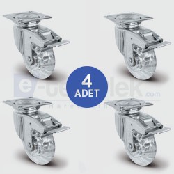 4 Adet EU01DBP75F Döner Tablalı Frenli Polikarbonat Üzeri PVC Kaplı Şeffaf Tekerlek Çap:75 Bilya Rulmanlı Tekerlek Seti 4XEU01DBP75F - EMES