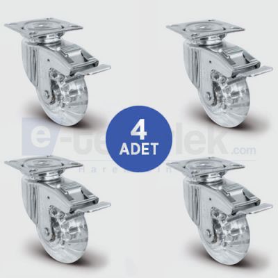 4 Adet EU01DKP50F Döner Tablalı Frenli Şeffaf Tekerlek Çap:50 Mobilya Tekerlek Seti Çift Dizi Burçlu 4xEU01DKP50F - 1