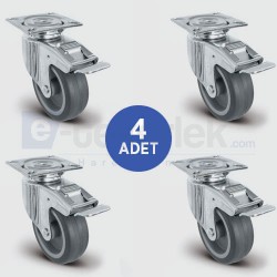 4 Adet EU01MKT75F Döner Tablalı Frenli Termoplastik Kauçuk Tekerlek Çap:75 Mobilya Tekerlek Seti 4xEU01MKT75F - EMES