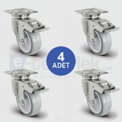 4 Adet EU01ZKC50F, Oynak Tablalı Frenli Mobilya Tekerleği, PVC Kaplı, Sehpa Tekeri, Çap:50, 4lü Set, Çift Dizi Bilyalı Geniş Tip - 1