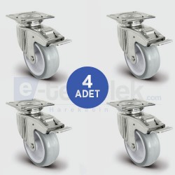 4 Adet EU01ZKC75F, Oynak Tablalı Frenli Mobilya Tekerleği, PVC Kaplı, Sehpa Tekeri, Çap:75, 4lü Set, Çift Dizi Bilyalı Geniş Tip - EMES