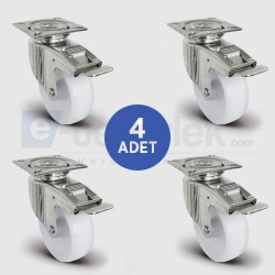 4 Adet EU01ZKZ75F Döner Tablalı Frenli Poliamid Tekerlek Çap:75 Oynak Tabla Bağlantılı, Burçlu Mobilya Tekerlek Seti 4xEU01ZKZ75F - EMES