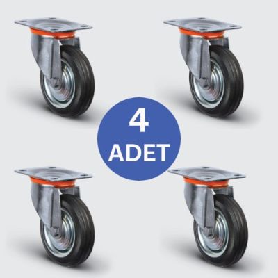EMES - 4 Adet EZ01SPR160 Döner Tablalı Kauçuk Kaplı Tekerlek Çap:160 Çöp Konteyner Tekerleği Oynak Tabla Bağlantılı Burçlu 4xEZ01SPR160