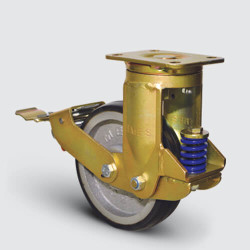 EMES - EAY01VBR150F Döner Frenli Kaynaklı Maşa Döküm Kauçuk Kaplı Amörtisörlü Yaylı Sanayi Tekerleği Çap:150 Çelik Döküm Maşa Büte ve Konik Rulmanlı Döküm(Sfero) Tabla Bilya Rulmanlı