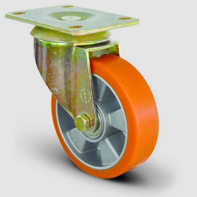 EMES - Eİ01ABP125 Döner Tablalı Alüminyum Üzeri Poliüretan Kaplı Tekerlek Çap:125 Ağır Sanayi Tekerleği Sarı Maşalı Oynak Tabla Bağlantılı Bilya Rulmanlı