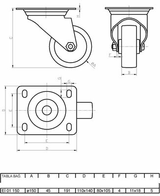 Eİ01HKZ150 Döner Tablalı Poliamid Tekerlek Çap:150 Ağır Sanayi Tekerleği Sarı Maşa Oynak Tabla Bağlantılı Burçlu - 2