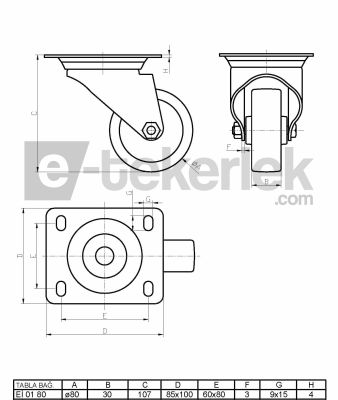 Eİ01HKZ80F Döner Tablalı Frenli Poliamid Tekerlek Çap:80 Ağır Sanayi Tekerleği Sarı Maşa Oynak Tabla Bağlantılı Burçlu - 2