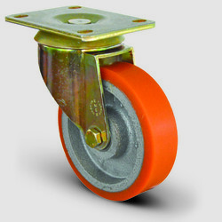 Eİ01VBP100 Döner Tablalı Döküm Üzeri Poliüretan Kaplı Tekerlek Çap:100 Ağır Sanayi Tekerleği Sarı Maşa Oynak Tabla Bağlantılı Bilya Rulmanlı - EMES