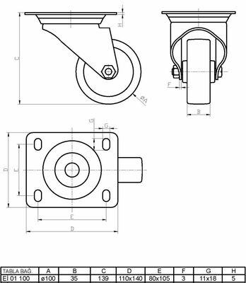 Eİ01VBP100 Döner Tablalı Döküm Üzeri Poliüretan Kaplı Tekerlek Çap:100 Ağır Sanayi Tekerleği Sarı Maşa Oynak Tabla Bağlantılı Bilya Rulmanlı - 2