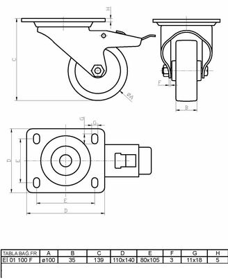 Eİ01VBP100F Döner Tablalı Frenli Döküm Üzeri Poliüretan Kaplı Tekerlek Çap:100 Ağır Sanayi Tekerleği Sarı Maşa Oynak Tabla Bağlantılı Kilitli Bilya Rulmanlı - 2
