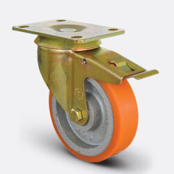 EI01VBP200F Döner Tablalı Frenli Döküm Üzeri Poliüretan Kaplı Tekerlek Çap:200 Ağır Sanayi Tekerleği Sarı Maşa Oynak Tabla Bağlantılı Kilitli Bilya Rulmanlı - EMES