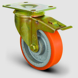 EI01VKP150F Döner Tablalı Frenli Döküm Üzeri Poliüretan Kaplı Tekerlek Çap:150 Ağır Sanayi Tekerleği Sarı Maşalı Oynak Tabla Bağlantılı Burçlu - EMES