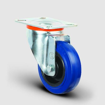 EM01ZMRm100 Döner Tablalı Mavi Elastik Kauçuk Tekerlek Çap:100 Hafif Sanayi Tekerleği, Oynak Tabla Bağlantılı, Masura Rulmanlı
