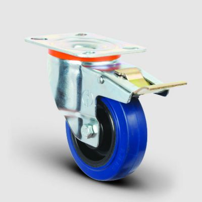 EM01ZMRm100F Döner Tablalı Frenli Mavi Elastik Kauçuk Tekerlek Çap:100 Hafif Sanayi Tekerleği, Oynak Frenli Tabla Bağlantılı, Masura Rulmanlı