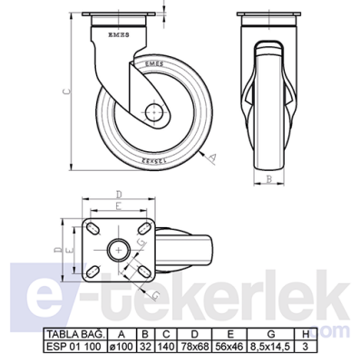 ESP01MBT100F Döner Tablalı Frenli Plastik Maşalı Çap:100 Medikal Ekipman Tekerleği Bilya Rulmanlı Oynak Maşalı Çift Bilya Yataklı - 2