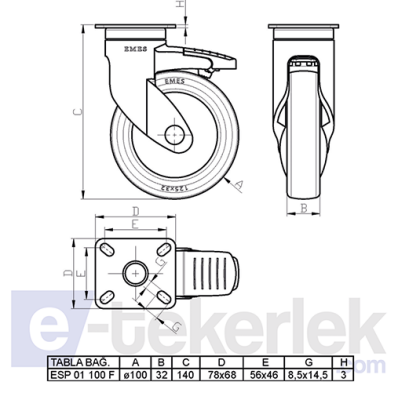 ESP01MBT125F Döner Tablalı Frenli Plastik Maşalı Çap:125 Medikal Ekipman Tekerleği Bilya Rulmanlı Oynak Maşalı Çift Bilya Yataklı - 2