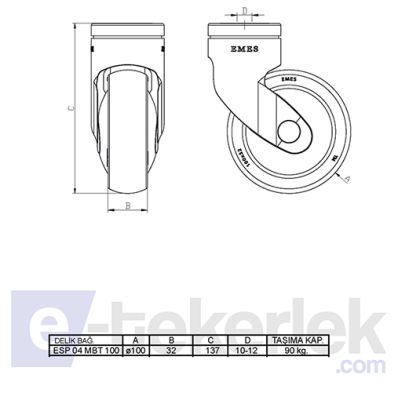 ESP04MBT100 Delik Bağlantılı Plastik Maşalı Çap:100 Medikal Ekipman Tekerleği Bilya Rulmanlı Oynak Maşalı Çift Bilya Yataklı - 2