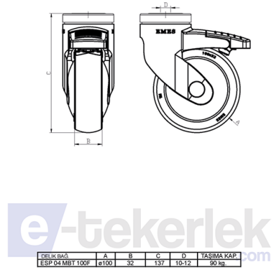 ESP04MBT125F Delik Bağlantılı Frenli Plastik Maşalı Çap:125 Medikal Ekipman Tekerleği Bilya Rulmanlı Oynak Maşalı Çift Bilya Yataklı - 2