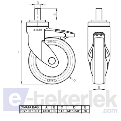 ESP05MBT100F Civata Bağlantılı Frenli Plastik Maşalı Çap:100 Medikal Ekipman Tekerleği Bilya Rulmanlı Oynak Maşalı Çift Bilya Yataklı - 2