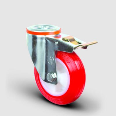 EM04ZKP100F Oynak Frenli Delik Bağlantılı Poliüretan Tekerlek Çap:100 Hafif Sanayi Tekerleği Burçlu Poliamid Üzeri Poliüretan Kaplı Kırmızı Teker