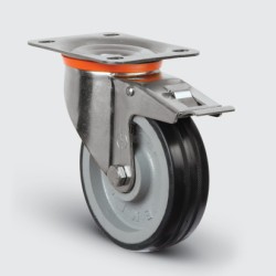 EMES - EZ01VBR125F Döner Tablalı Frenli Döküm Üzeri Kauçuk Kaplı Tekerlek Çap:125 Sanayi Tekerleği Oynak Frenli Tabla Bağlantılı Bilya Rulmanlı