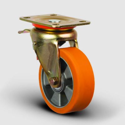 ED01ABP100F Döner Tablalı Frenli Alüminyum Üzeri Poliüretan Kaplı Tekerlek Çap:100 Ağır Sanayi Tekerleği Sarı Maşalı Oynak Frenli Tabla Bağlantılı Bilya Rulmanlı