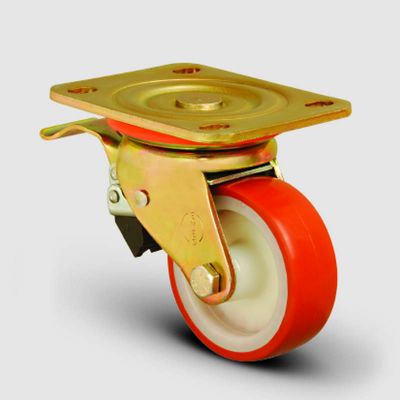 ED01ZBP100F Döner Tablalı Frenli Poliüretan Kaplı Tekerlek Çap:100 Ağır Sanayi Tekerleği Sarı Maşalı Oynak Frenli Tabla Bağlantılı Bilya Rulmanlı