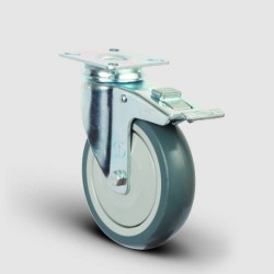 EMES - ER01MBT125F Döner Tablalı Frenli Termo Kauçuk Tekerlek Çap:125 Hafif Sanayi Tekerleği, Oynak Frenli Tabla Bağlantılı, Bilya Rulmanlı