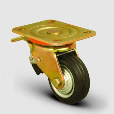 ED01SPR100F Döner Tablalı Frenli Kauçuk Kaplı Tekerlek Çap:100 Ağır Sanayi Tekerleği Sarı Maşa Oynak Frenli Tabla Bağlantılı Burçlu