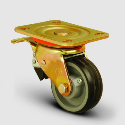 ED01VKR80F Döner Tablalı Frenli Döküm Üzeri Kauçuk Kaplı Tekerlek Çap:80 Ağır Sanayi Tekerleği Sarı Maşa Oynak Frenli Tabla Bağlantılı Burçlu